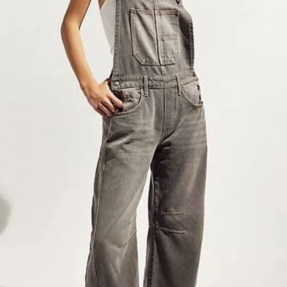 Free People Gray Denim Barrel Overalls Relaxed Fit, size XL, NWT